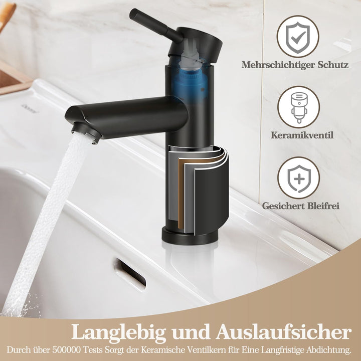 Bad Wasserhahn Schwarz Waschtischarmatur - Modern Edelstahl Waschbeckenarmatur Mischbatterie Waschbe
