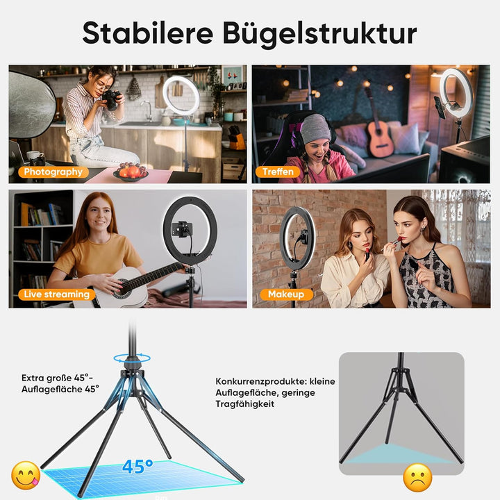 KOSCHEAL 12 Zoll Ringlicht mit Stativ,Tisch LED Ring Light Kamera Handystativhalter mit ringlicht, 2