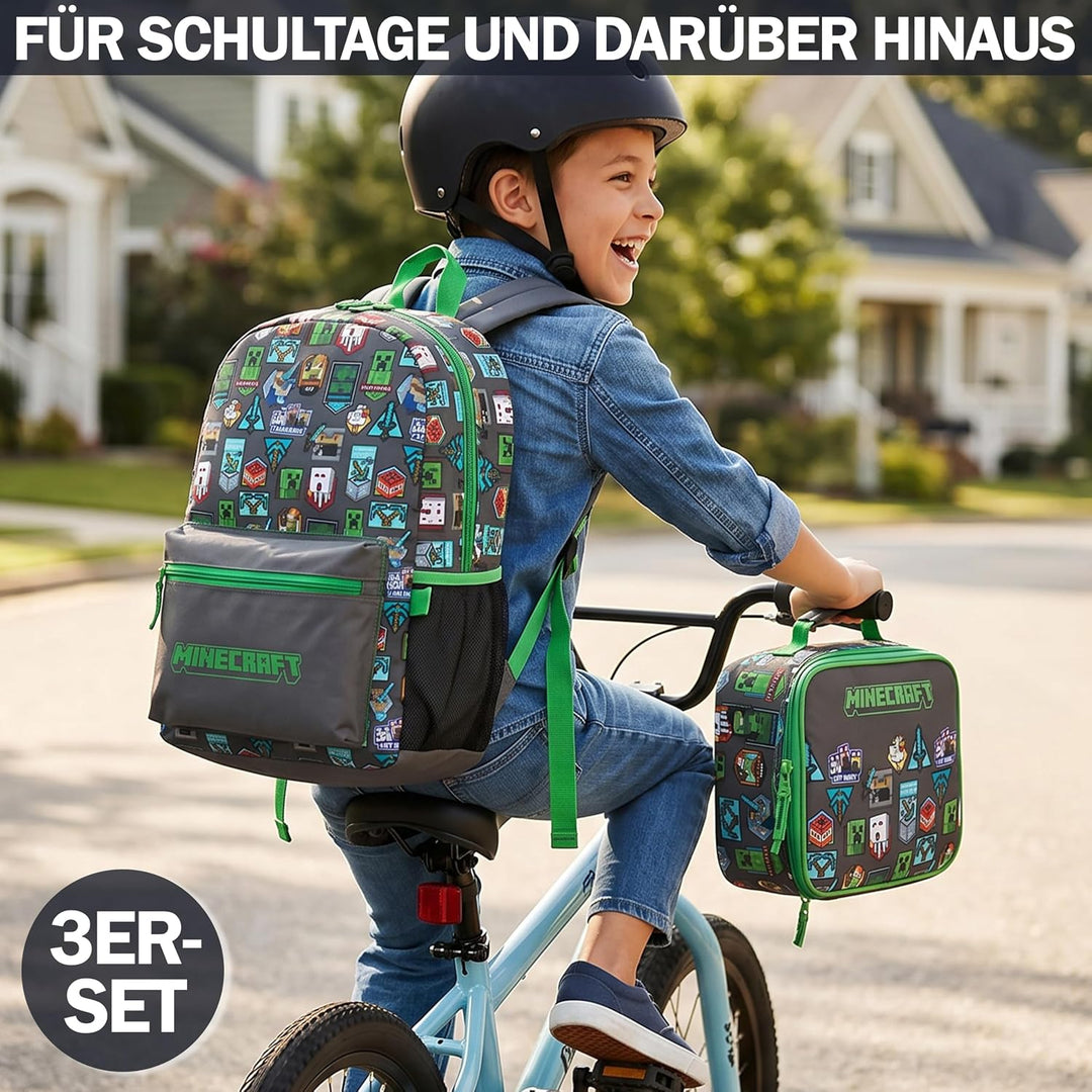 Get Trend Minecraft Grosser Rucksack Kinder 3er Set, 46 cm Kinderrucksack mit Federmäppchen und Isol