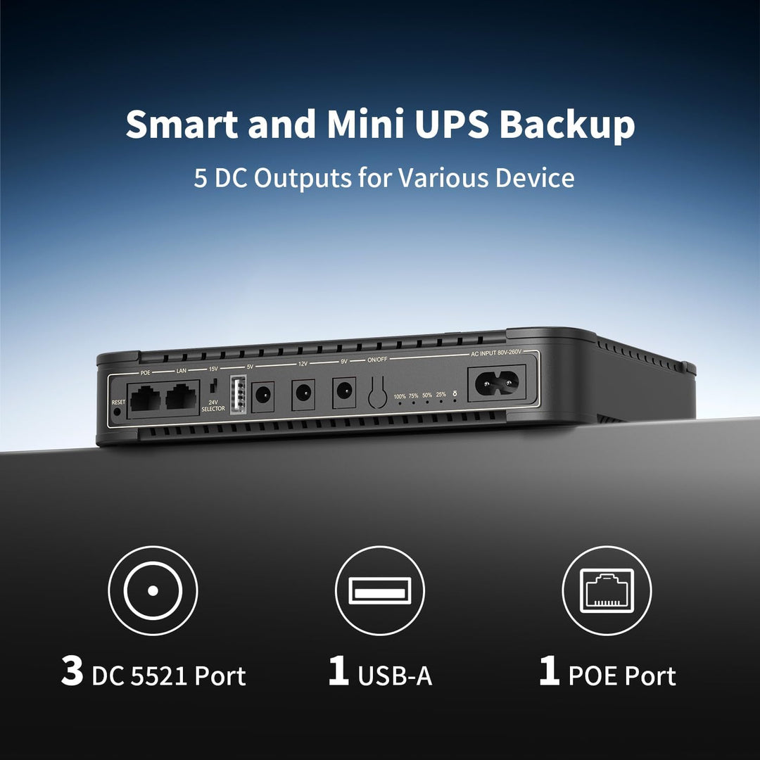 Pecron D77 DC UPS Battery Backup, 76.96Wh Small UPS for WiFi Router/Modem/Security Camera/Phone, Uni