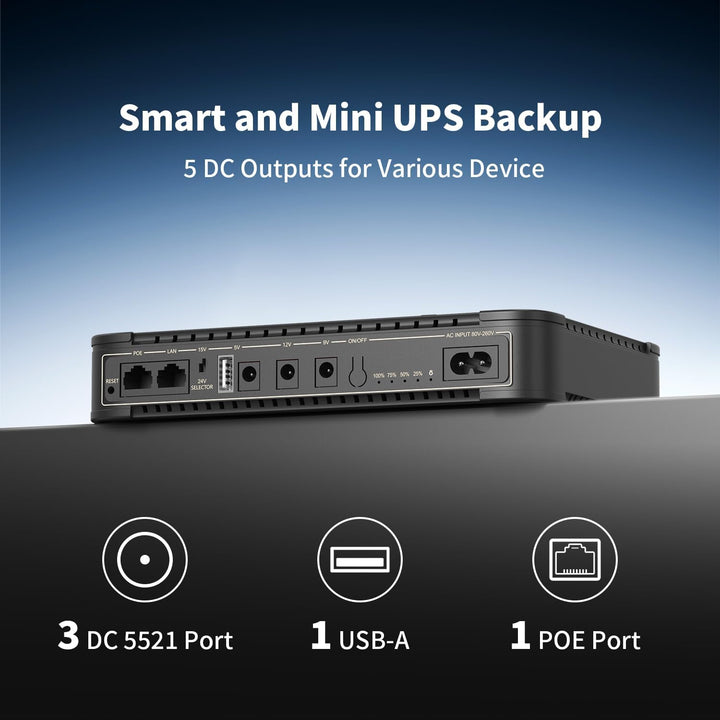 Pecron D77 DC UPS Battery Backup, 76.96Wh Small UPS for WiFi Router/Modem/Security Camera/Phone, Uni