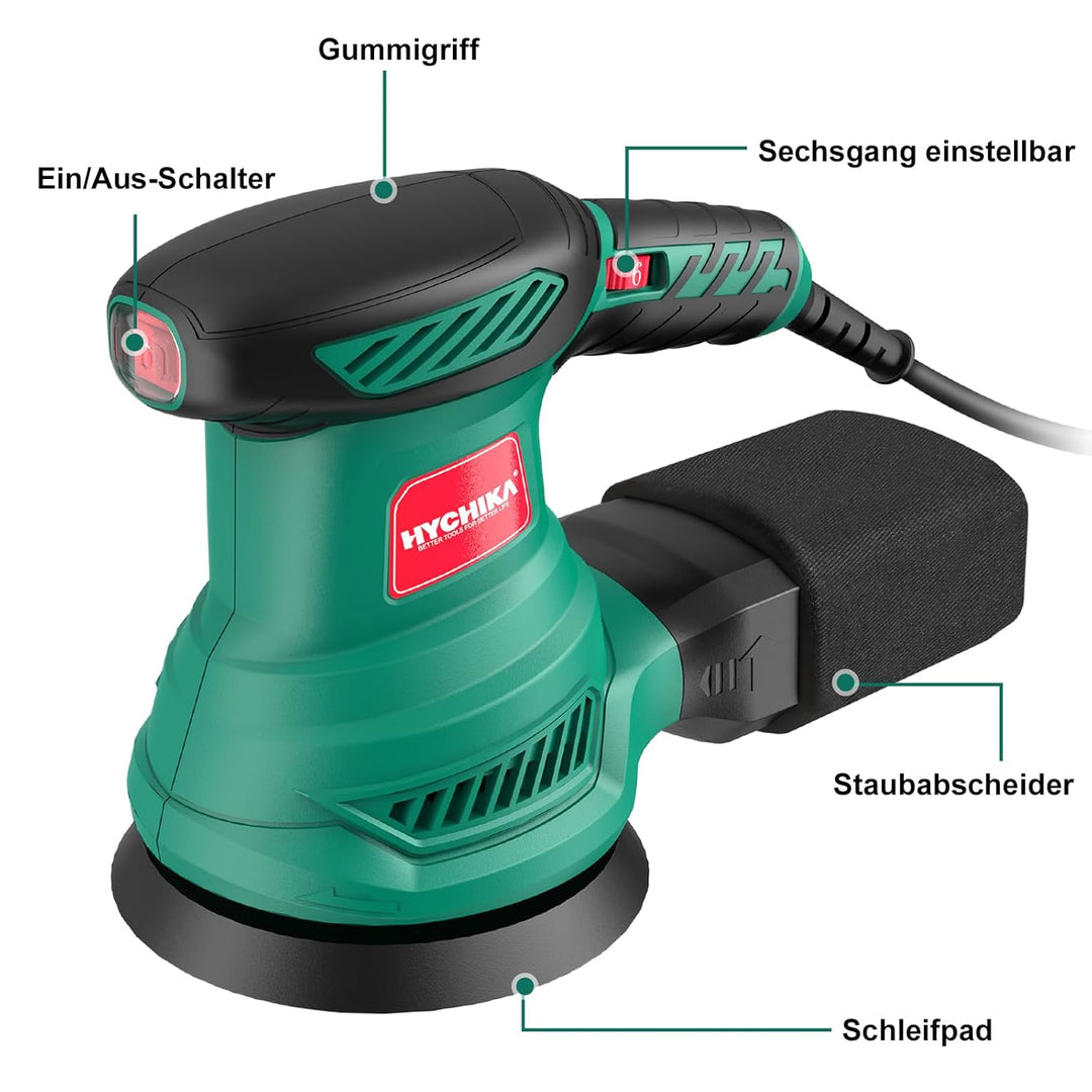Exzenterschleifer, HYCHIKA 300W Schleifmaschine, 6 Gänge, mit 12 pcs Schleifpapier (Körnung 80/120/2