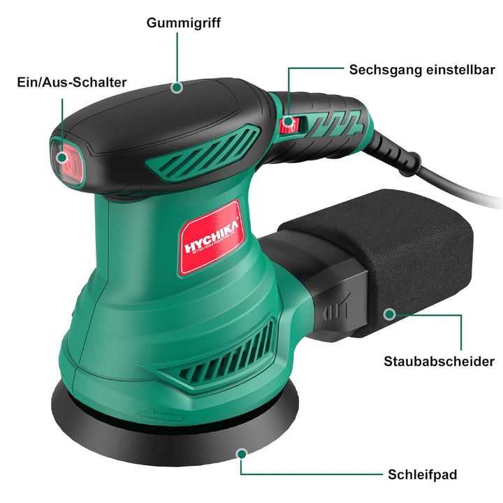 Exzenterschleifer, HYCHIKA 300W Schleifmaschine, 6 Gänge, mit 12 pcs Schleifpapier (Körnung 80/120/2