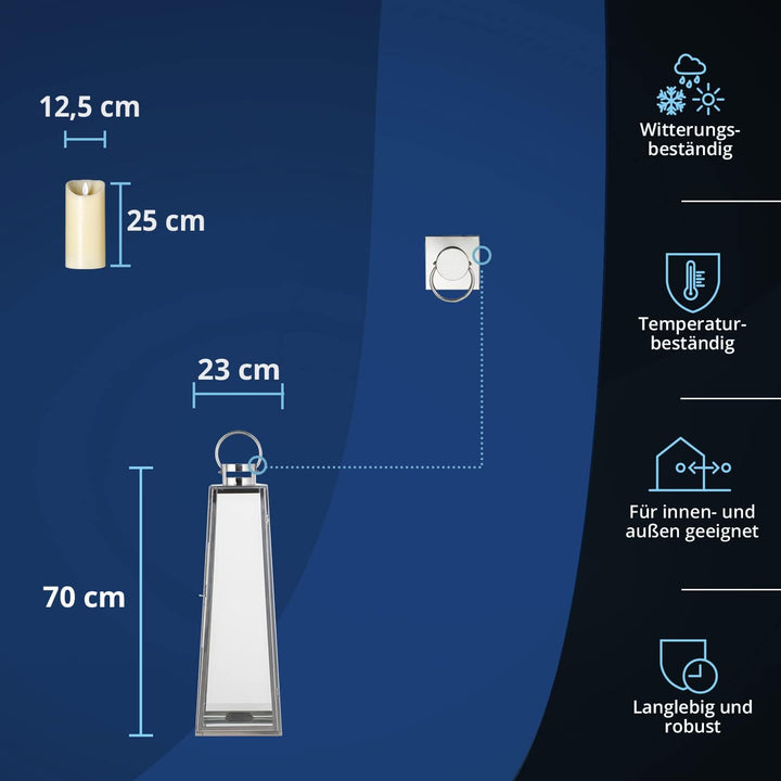 KHG Laterne 70 cm mit LED-Kerze in Silber aus Stahl/Glas, pyramidenförmig, praktischer Tragegriff Ke