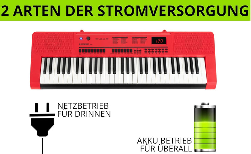 McGrey 6170 RD Akku-Keyboard - 61 Tasten-Keyboard mit integriertem Akku - 200 Klänge und Rhythmen -