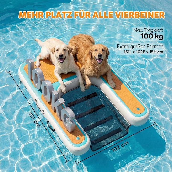 PawHut Aufblasbare Hunde Wasserrampe Hunderampe Pool 151x102 cm Tragbares Hundeboot mit Rutschfester