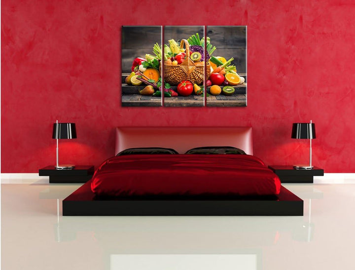 Pixxprint Frisches Obst und Gemüse im Korb als Leinwandbild 3 teilig/Grösse: 3 Teilig (120x80) / Wan
