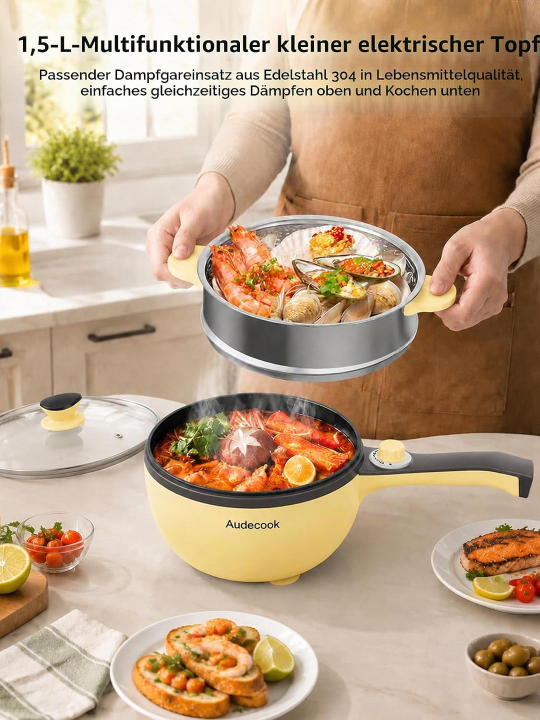 Audecook Elektrische Bratpfanne, Hot Pot Topf 20cm, Antihaft Mini elektropfanne mit Dampfgarer, Mult