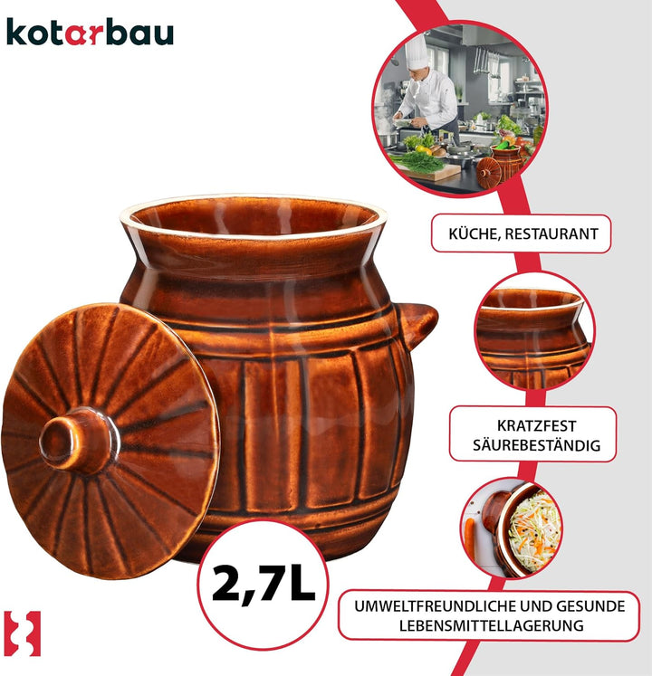 KOTARBAU® Keramik Gärtopf 2,7 L Braun Gurkentopf mit Deckel Sauerkrauttopf aus Steinzeug Einmachtopf