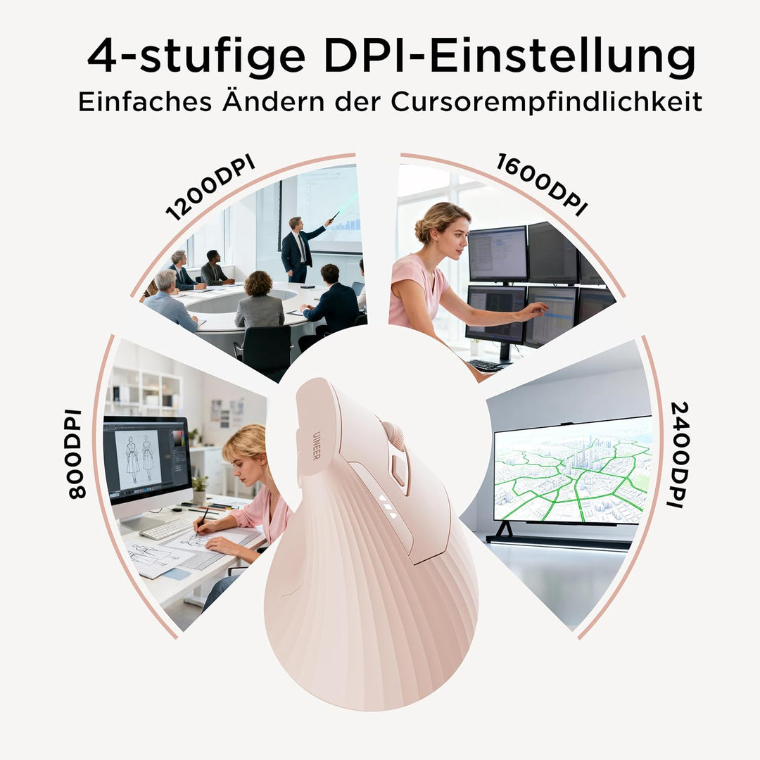 Uineer Vertikale Maus kabellos, 2,4G ergonomische Maus mit Akkuanzeige, 4 Stufen DPI, computermaus f
