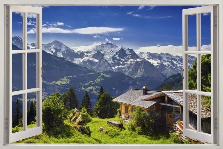 HUBDECO Leinwandbild Fensterblick Alpenberge Bild 70x50 cm - Landschaftsbilder auf Leinwand - Wandbi