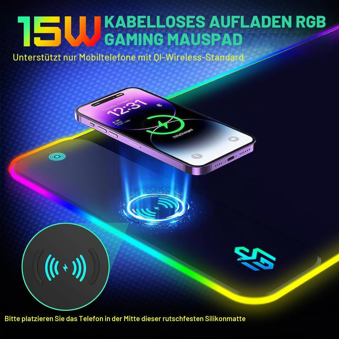 RGB Gaming Mauspad 15W Qi Mousepad LED, 10 Beleuchtungsmodi mit 15W Schnellladung Qi Kabelloses Lade
