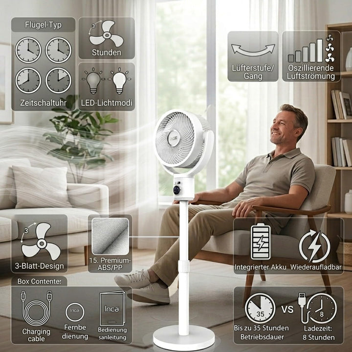 İnca IAF-01B Standventilator, 9000 mAh Akku, LED-Bedienfeld, leiser BLDC Motor, 5 Stufen, Oszillatio