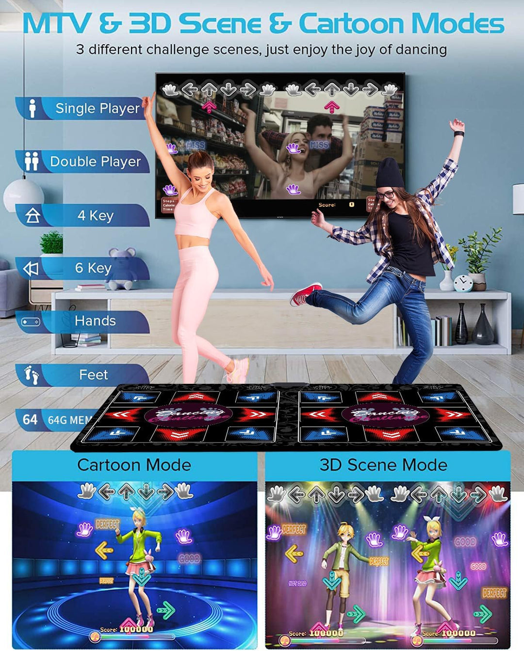 HDMI Doppel-Tanzmatte für Kinder &amp; Erwachsene,64GB Speicherkarte,899 Spiele,650 Songs &amp; 75 MVs–Fitne
