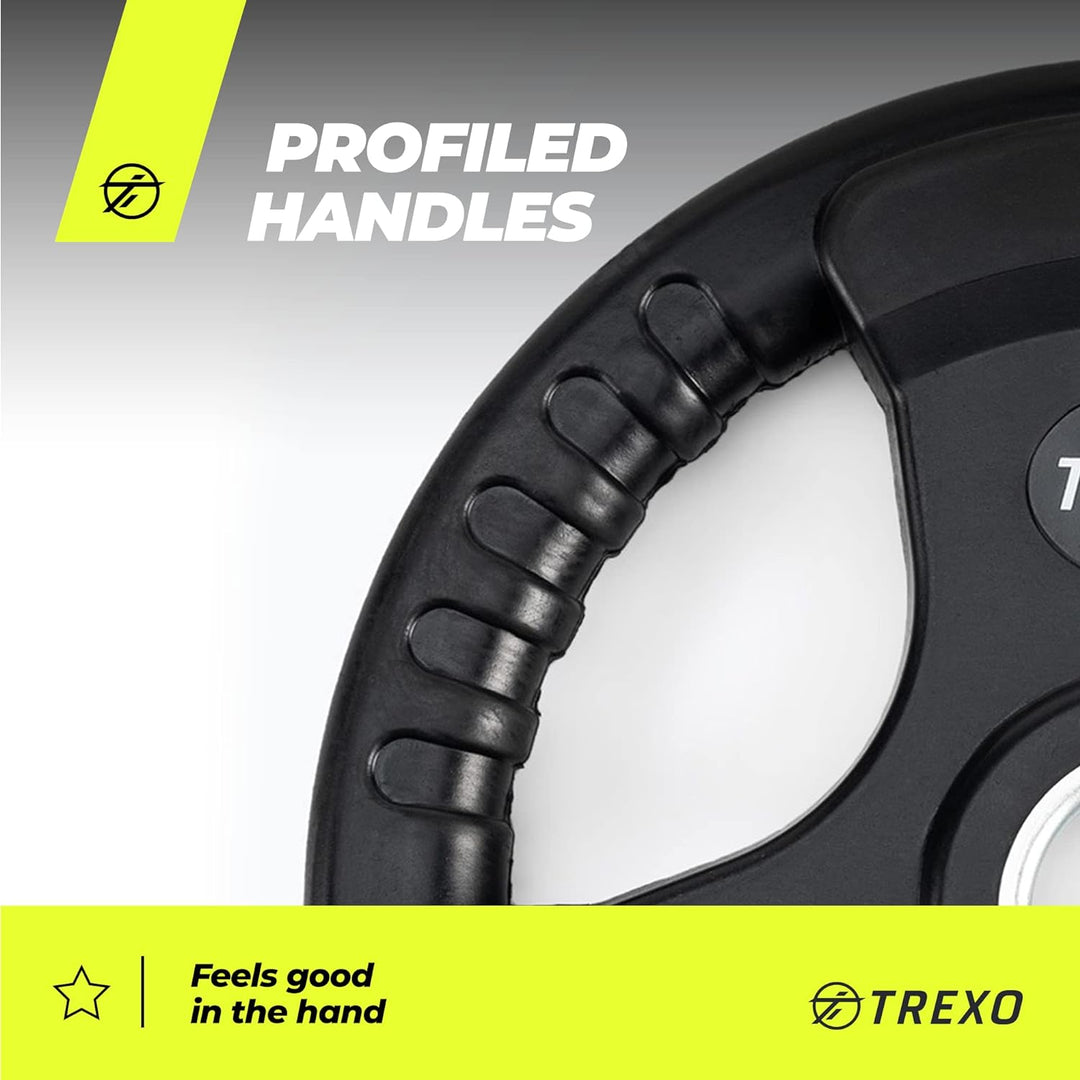 TREXO BelastungScheibe mit Griffen Gusseisen beschichtet für Langhanteln Langlebige ergonomische Sch