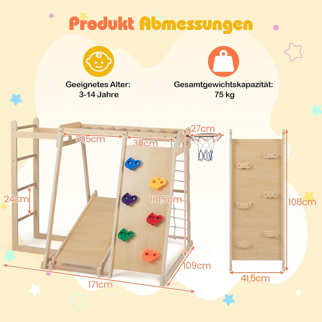 COSTWAY Klettergerüst Indoor, 6 in 1 Kletterleiter & Kletterstrick & Kletterfelsen & Rutsche & Affen
