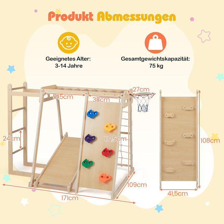 COSTWAY Klettergerüst Indoor, 6 in 1 Kletterleiter & Kletterstrick & Kletterfelsen & Rutsche & Affen