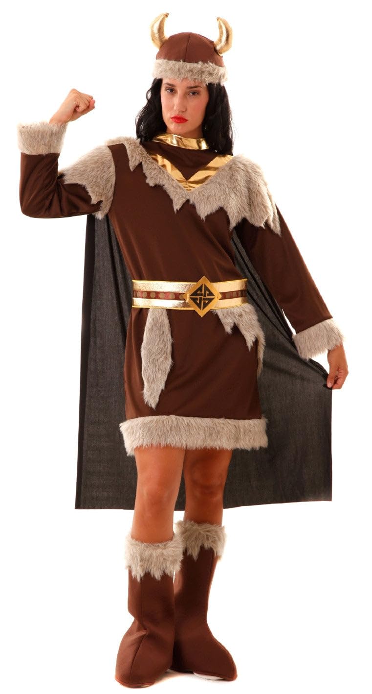 Eurocarnavales Kostüm Wikinger Frau Odeta S- XXL Kleid braun Fasching Seeräuberin, XL