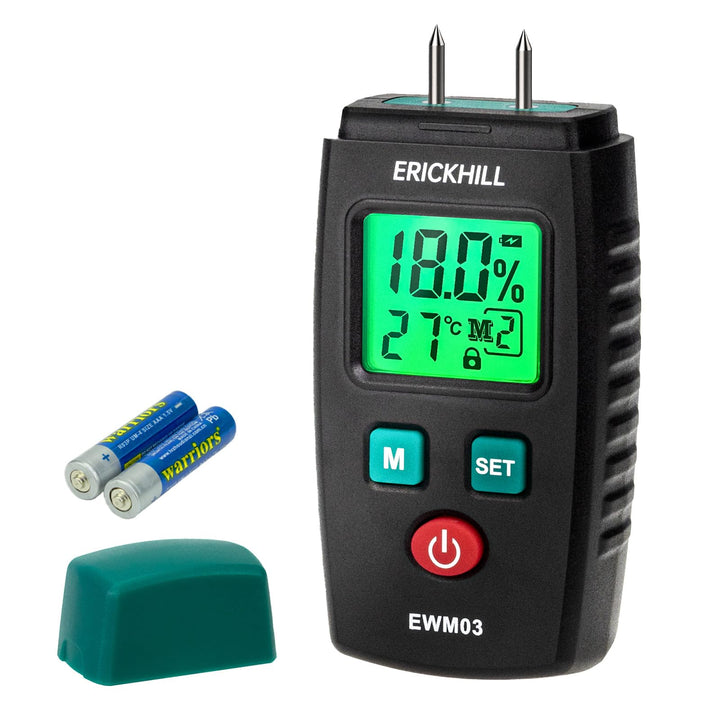 Feuchtigkeitsmessgerät, ERICKHILL EWM03 Pin-Typ Holzfeuchtemessgerät mit 5 Modi, LCD-Display mit grü