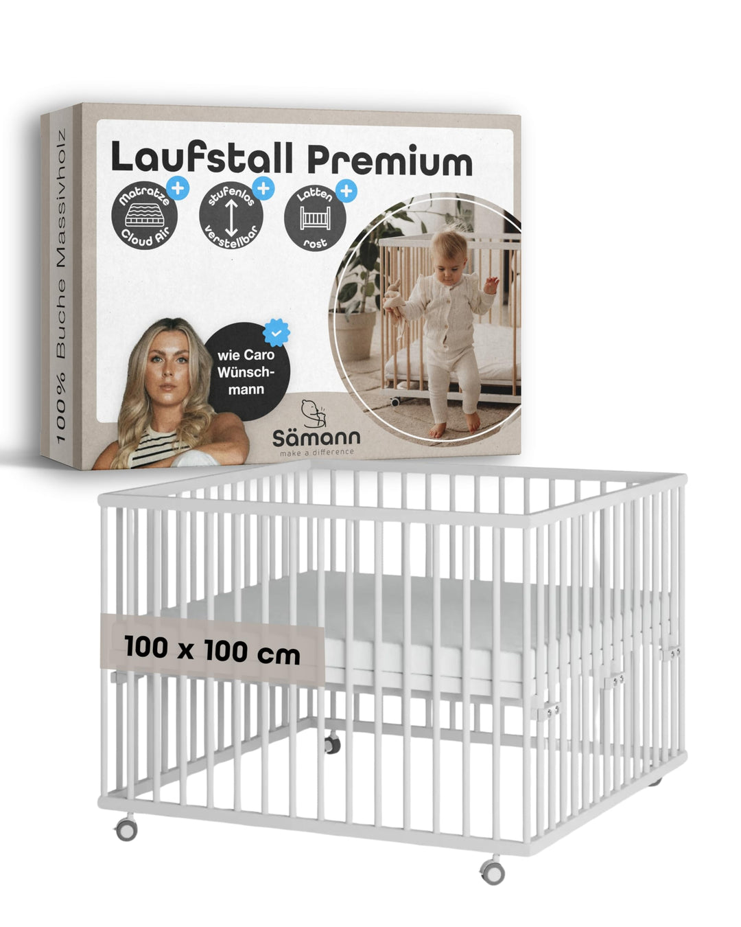 Sämann Laufstall Baby mit Matratze Cloud Air & Lattenrost | stufenlos höhenverstellbar | Laufgitter