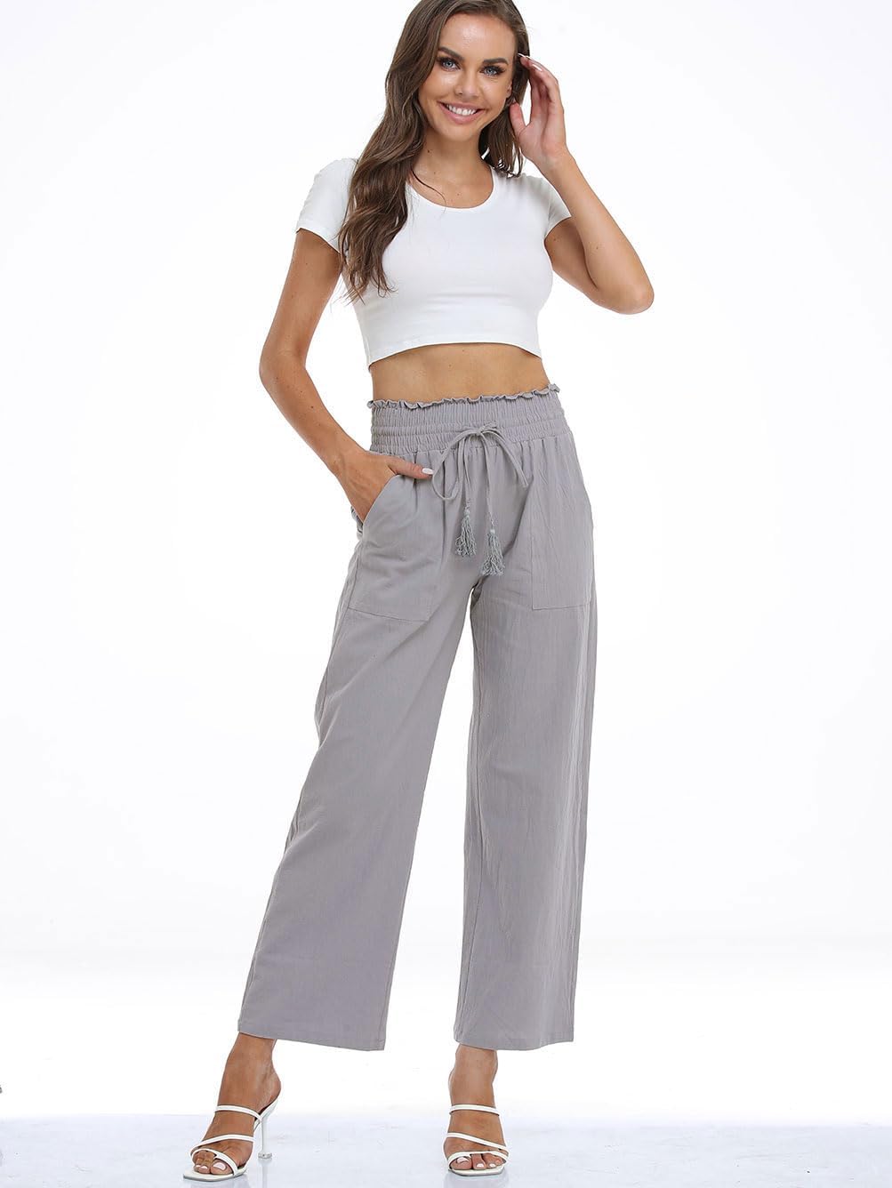 Famulily Leinenhose Damen Sommer Weites Bein High Waist Palazzo Freizeithose Stoffhose Yogahose Mit