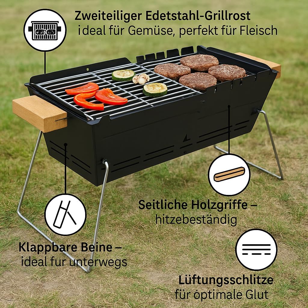 Mobiler Holzkohlegrill BBQ-Gril aus Edelstahl; Tragbarer Camping Grill & Feuerschale für 2–5 Persone