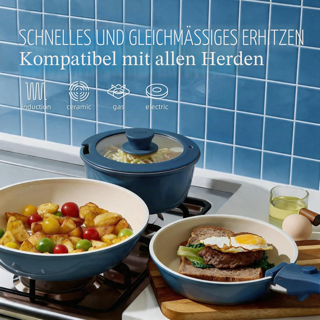 Keramik Pfannenset mit Abnehmbaren Griff Induktion 8-Teilig, Topfsets Platzsparendes Kochgeschirr Br