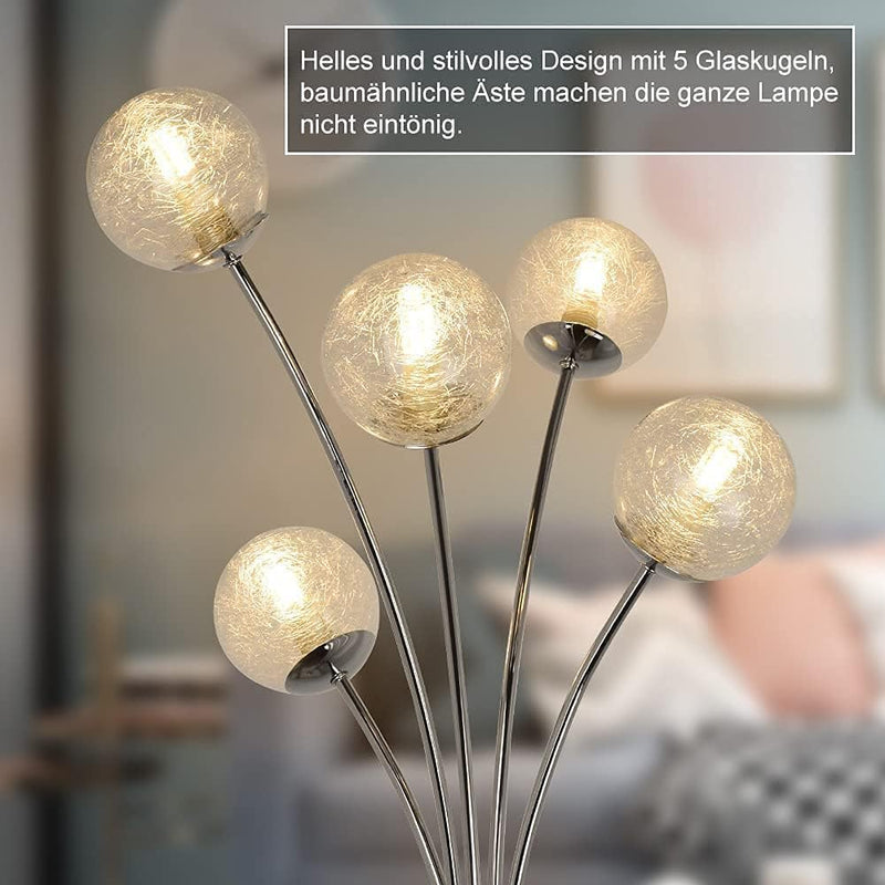 Depuley LED Stehlampe 5 Flammig Stehleuchte Wohnzimmer, Modern Stehlampe Schlafzimmer mit Glas Kugel