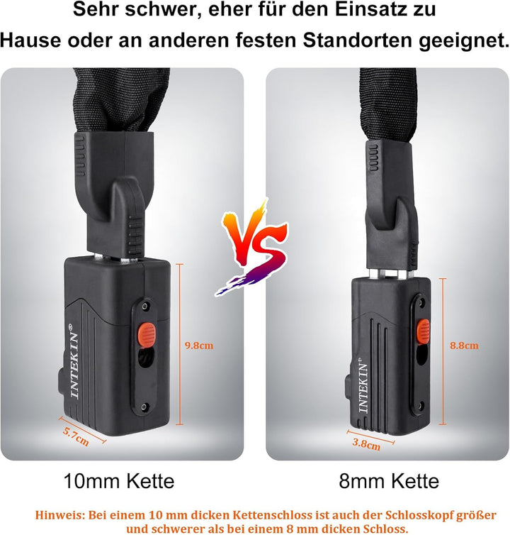 INTEKIN Motorradschloss Hohe Sicherheit, 120cm lang 10mm stark Stahl Kettenschloss, schwer Fahrradsc