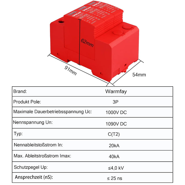 Warmfay Überspannungsschutz PV C (T2) 3P 20-40KA, 1000V DC Photovoltaic Lightning Protector Niedersp