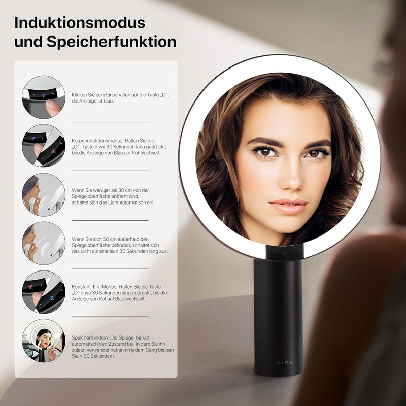 AMIRO 9" Schminkspiegel mit Beleuchtung, Smart Sensor & Touch-Steuerung, 3 Farben & 6 Helligkeiten,