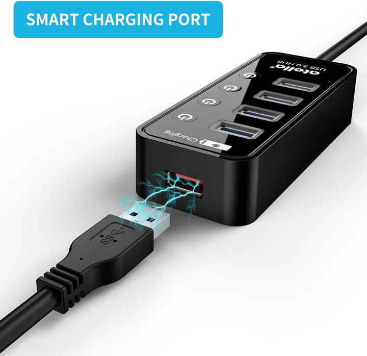 Atolla USB 3.0 Hub mit Strom versorgt, USB Hub mit 4 Ports Steckdosenleiste mit individuellen EIN-/A