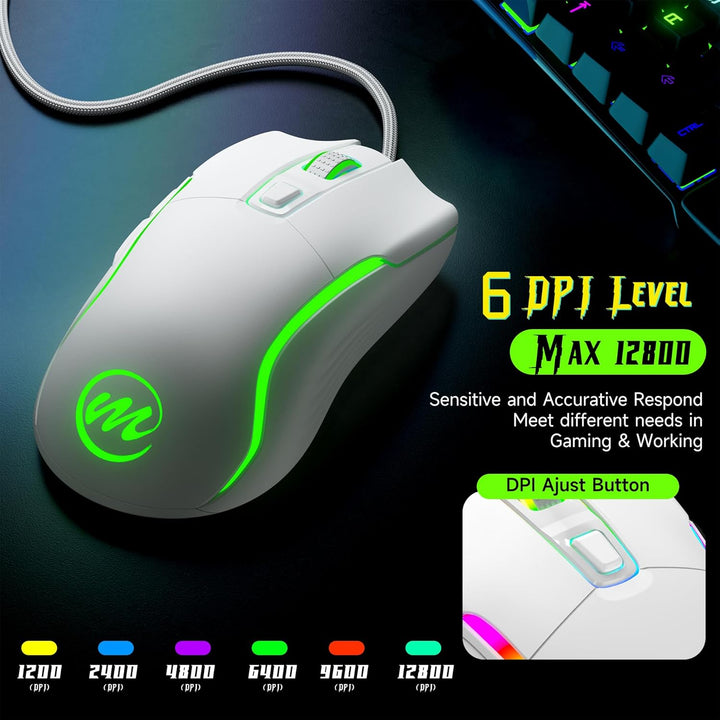 memzuoix Gaming Maus mit Kabel und LED-Lichtern – 12.800 DPI einstellbar, 6 Tasten, 12 RGB-Modi, Erg