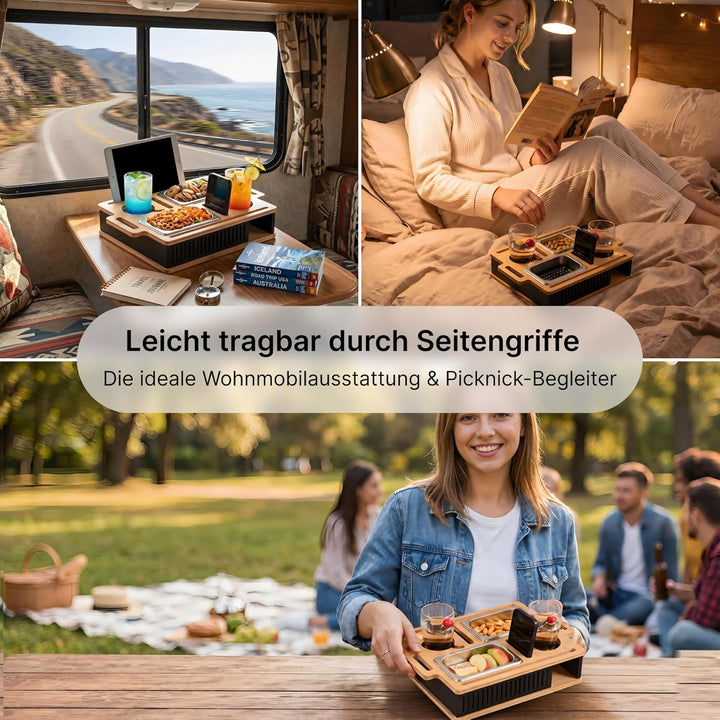 Couchbar Snackbox mit Tablet-Halter – Durchdachte Geschenkidee für Männer & Frauen – Bambus Sofa Tab