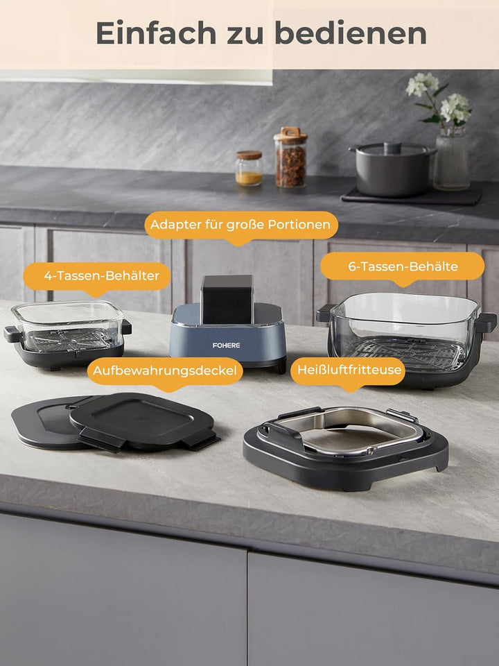 FOHERE Tragbare Heissluftfritteuse, 4-in-1 Heissluftfrittieren für Bake, Recrisp, Max Crisp, Airfrye