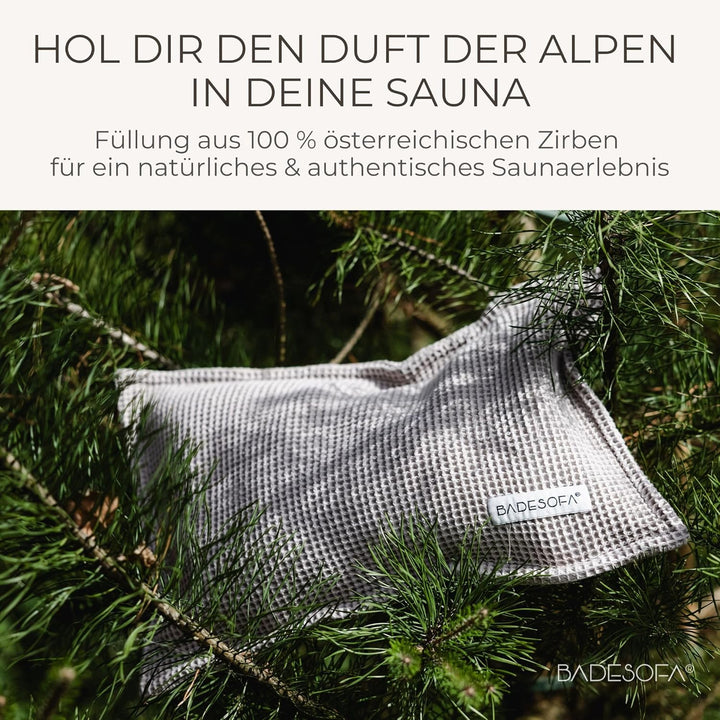 SAUNASOFA™ Zirbenkissen für Sauna – Duftkissen aus 100% Bio-Baumwolle, skandinavisches Design – Hand