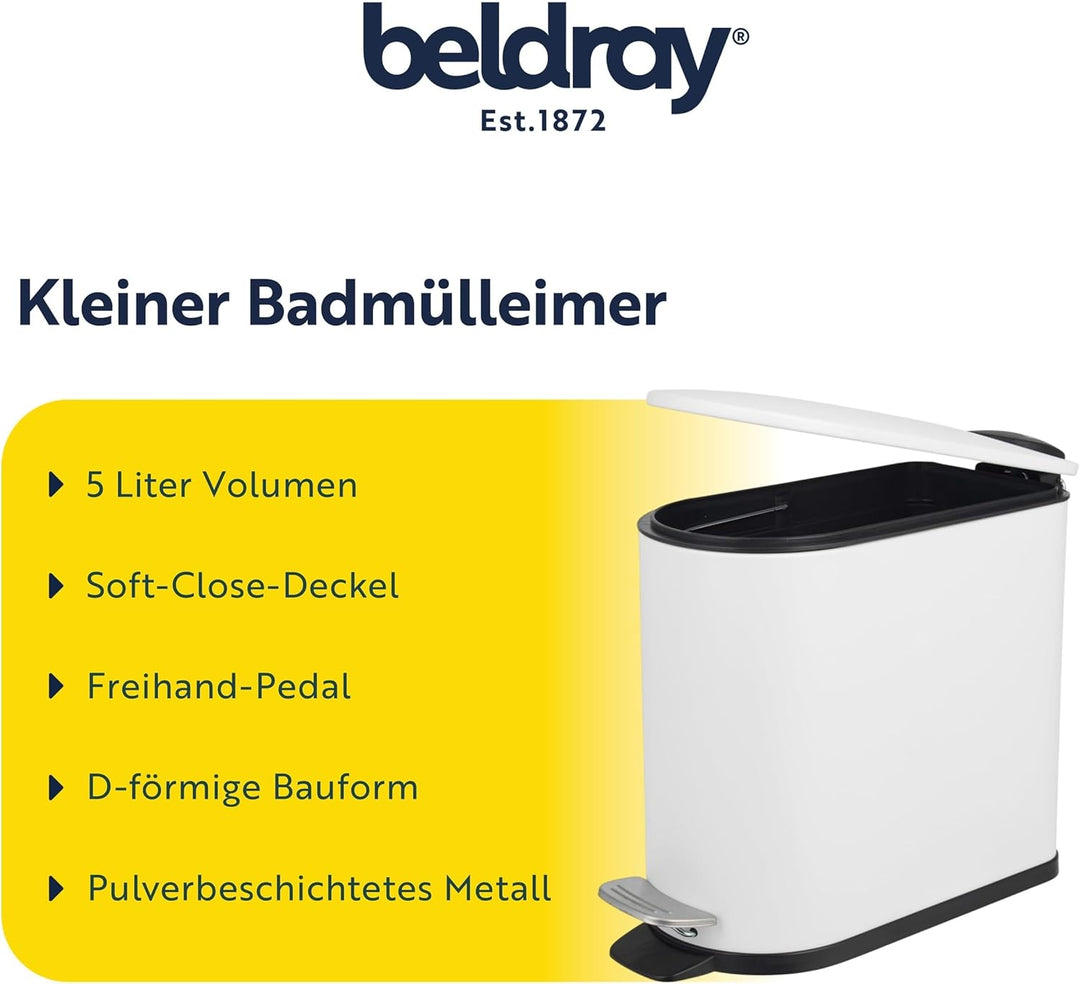 Beldray Kosmetikeimer mit Pedal, 5 Liter, kleiner WC-Mülleimer mit Soft-Close-Deckel, D-förmiger San