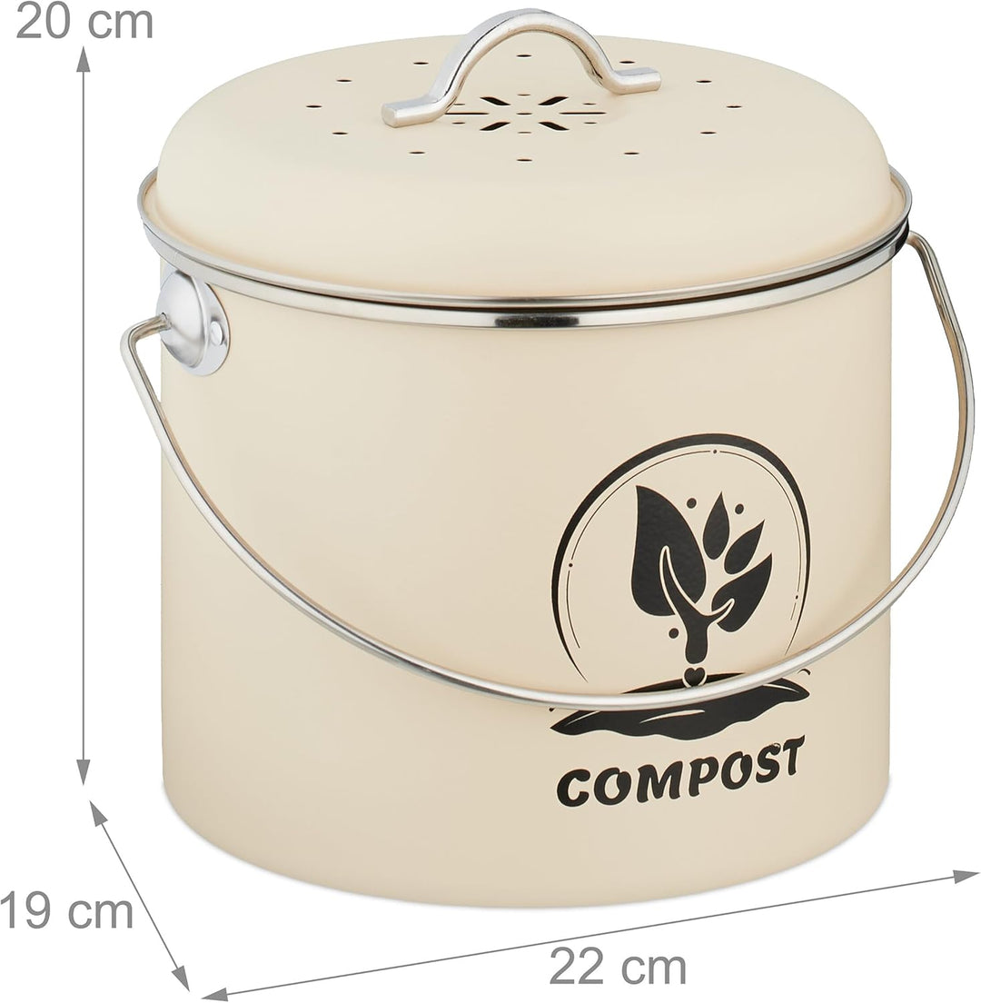 Relaxdays Komposteimer Küche, 3,5 Liter, 2 Aktivkohlefilter, mit Deckel, Henkel, Eisen, runder Biomü