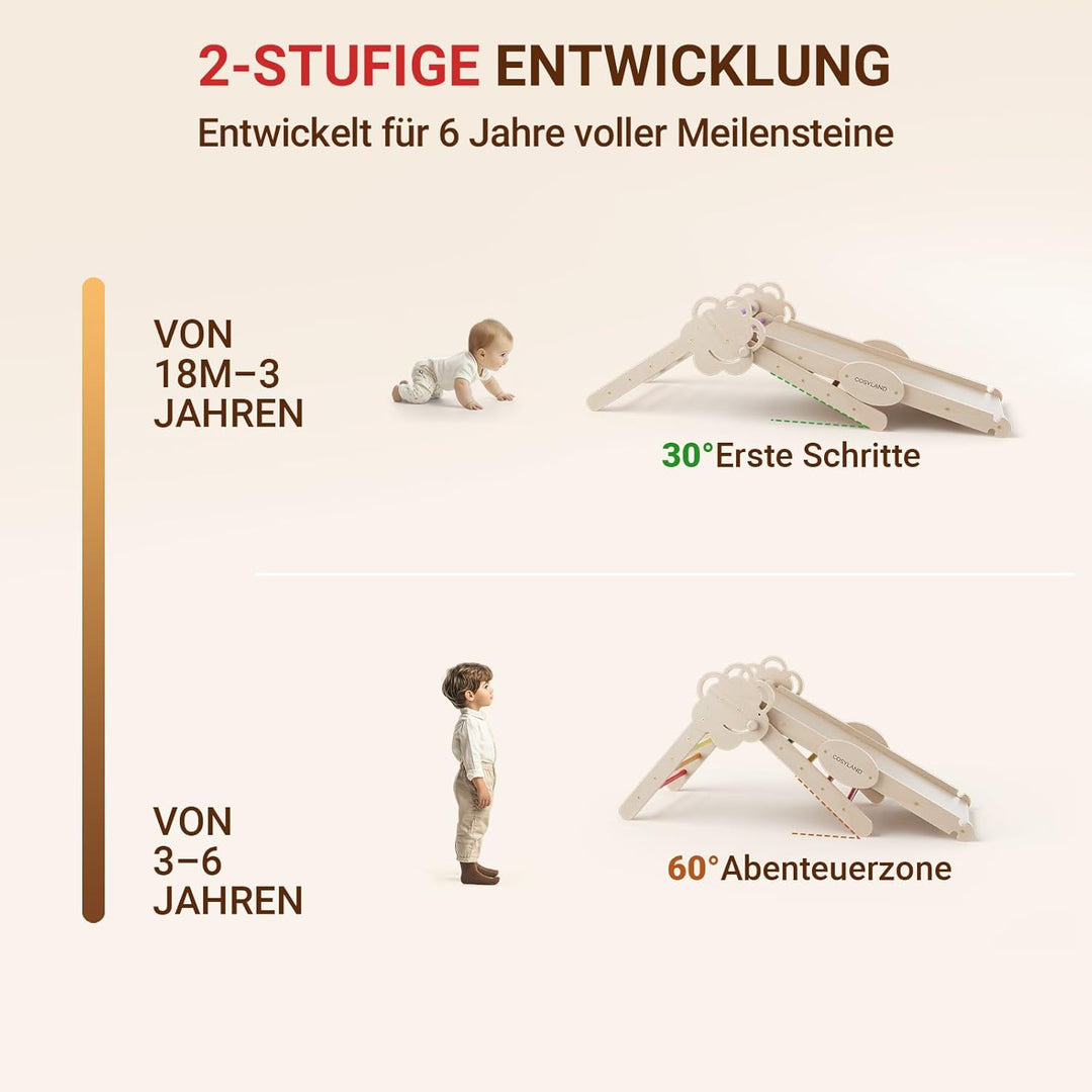 COSYLAND Klettergerüst Indoor L – Grosses Kletterdreieck Set mit Kletterbogen & Rutsche – 8-in-1 Mas