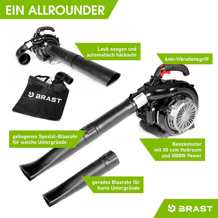 BRAST® Laubsauger Laubbläser Benzin 1,0kW(1,36PS) | 55L Fangsack | inkl. 2 Blasrohre, Schultergurt &