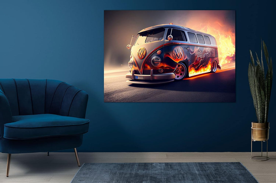 PRINTONIA Bilder Leinwandbild 120x80cm VW Volks Wagen T1 Gurke VAN Auto Abstrakte Kunst Kunst Neon