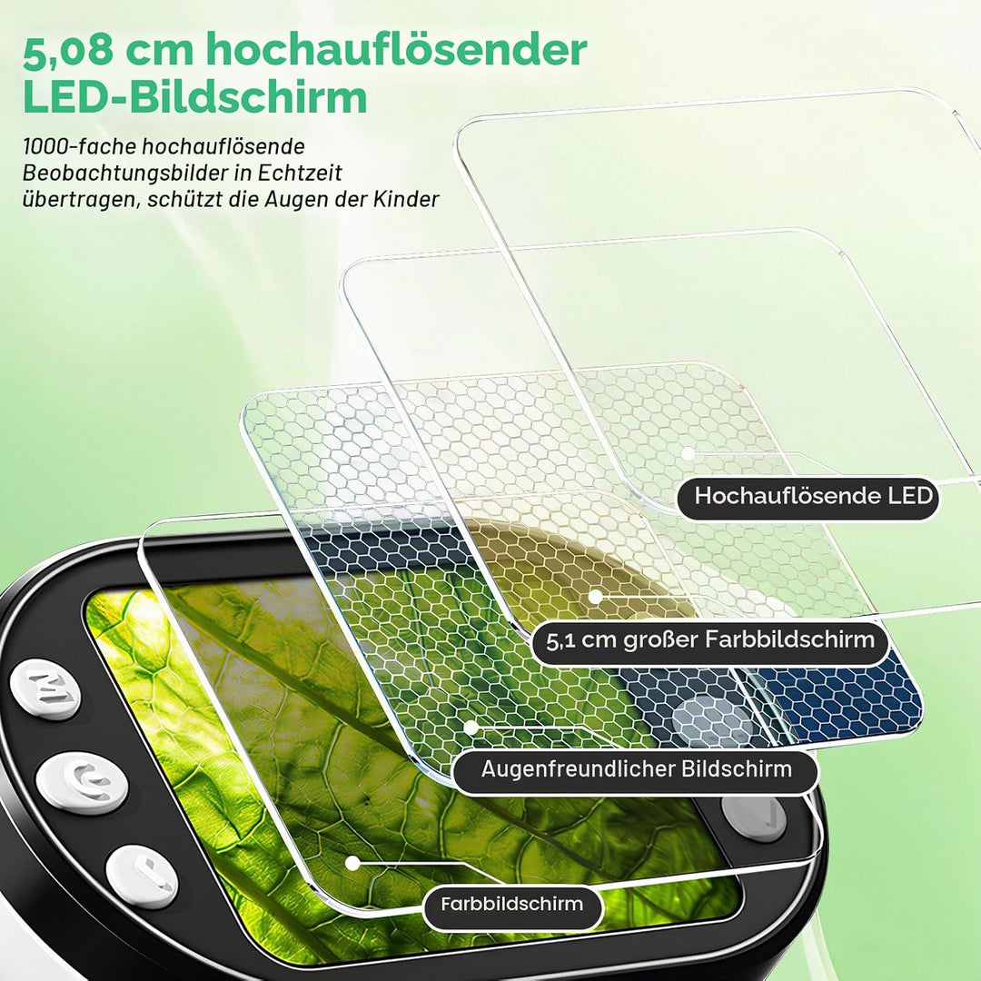 Auveach 3-in-1 Mikroskop für Kinder 1000X, USB Tragbares Digitales Mikroskop mit 2,0" Bildschirm - W
