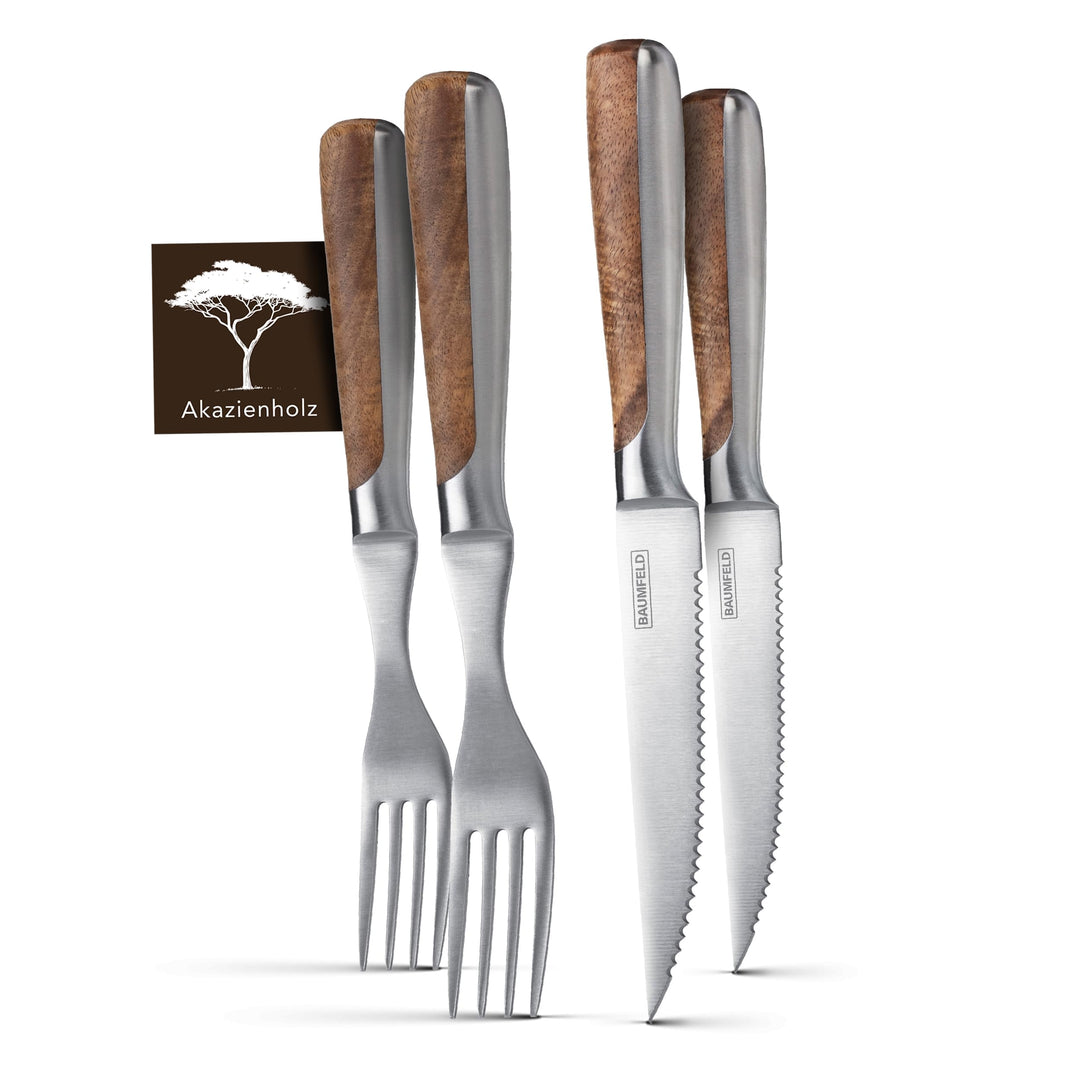 Pizza- und Steakbesteck (Akazienholz, 4 teilig) 4 teilig Edelstahl, 4 teilig Edelstahl