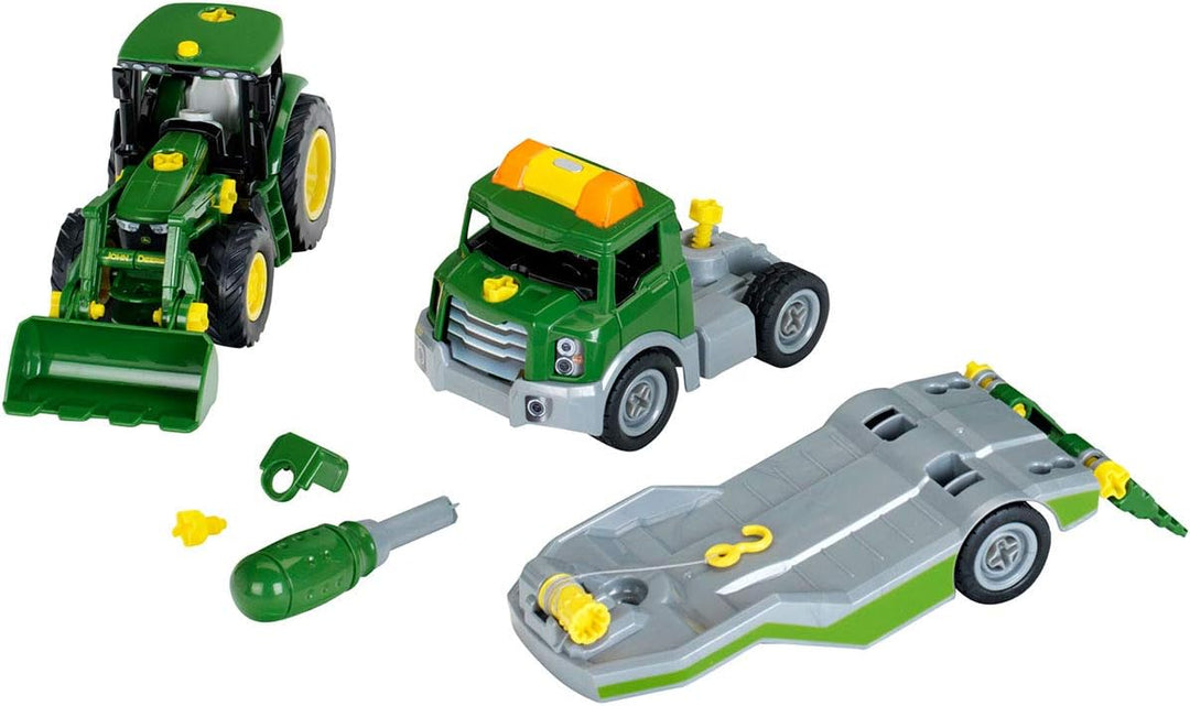 Theo Klein 3908 Transporter mit John Deere Traktor I Schraubset inkl. Schraubendreher I Spielzeug fü