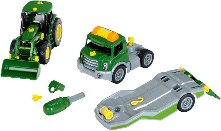 Theo Klein 3908 Transporter mit John Deere Traktor I Schraubset inkl. Schraubendreher I Spielzeug fü