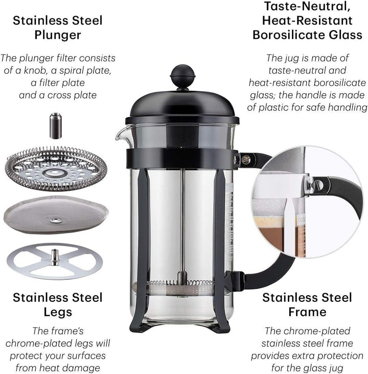 Bodum Chambord Kaffeebereiter 8 Tassen mit Metallrahmen, Chrom, Schwarz, 1 l