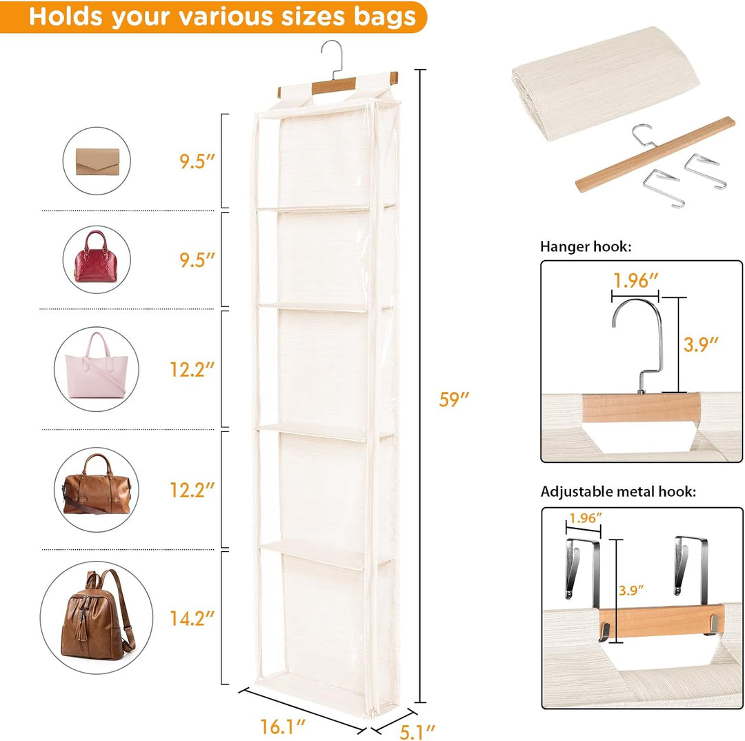 Syeeiex Staubdicht hängende Handtaschen Organizer mit Reissverschluss, extra grosse 5 klare Taschen