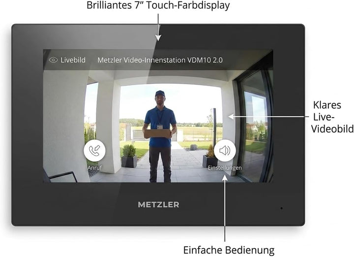 Metzler VDM10 2.0 Innenstation Home, 7 Zoll Touchscreen, 2-Draht IP, Schwarz | 200 mm × 140 mm × 25.