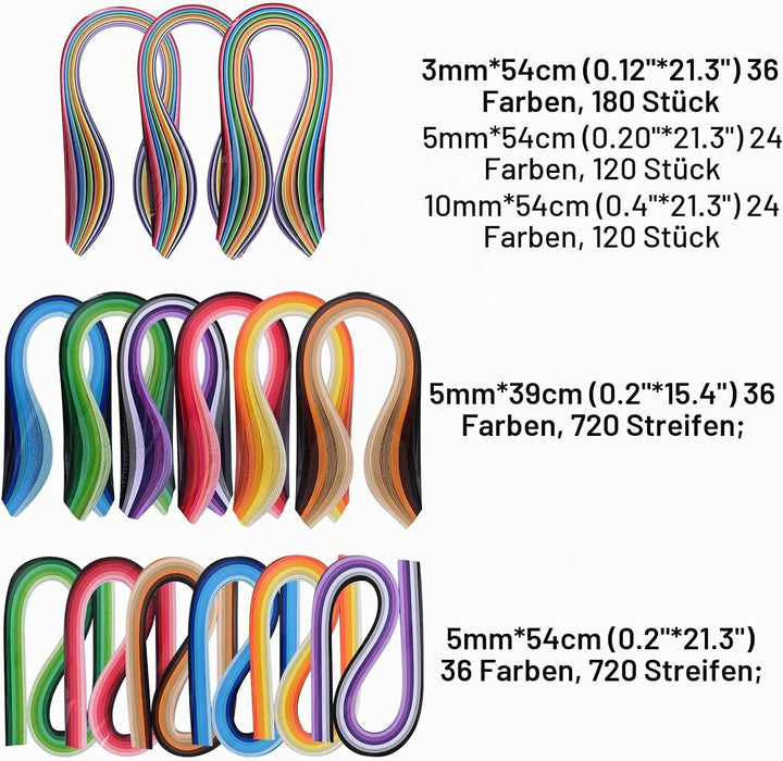 YURROAD Papier Quilling Kit 3mm/5mm/10mm 1740 Quilling Papier Streifen Quilling Werkzeug Set mit Auf