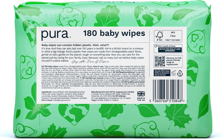 Pura Öko-Feuchttücher für empfindliche Babyhaut, 180 Tücher (3 x 60 Tücher), Monatsbox, 99% Wasser,